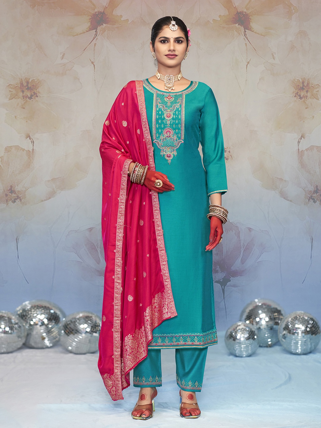 

Anouk Blue And Pink Floral Embroidered Sequinned Unstitched Dress Material