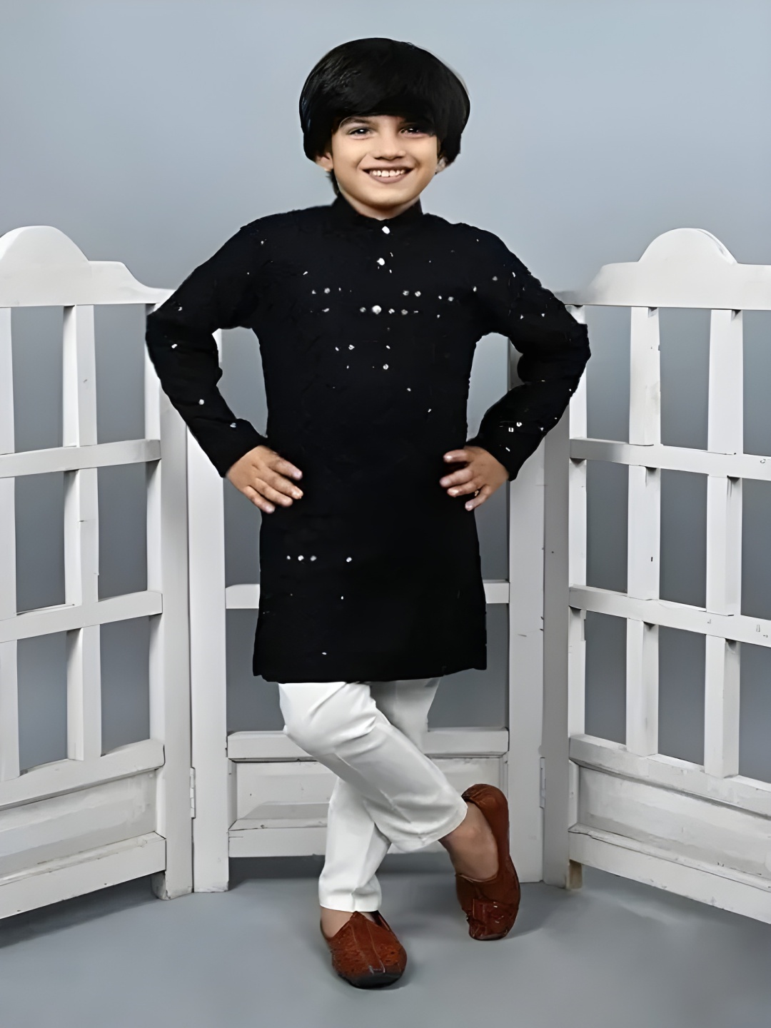 

Qtsy Boys Floral Embroidered Band Collar Sequinned Pure Cotton Kurta With Trousers, Black