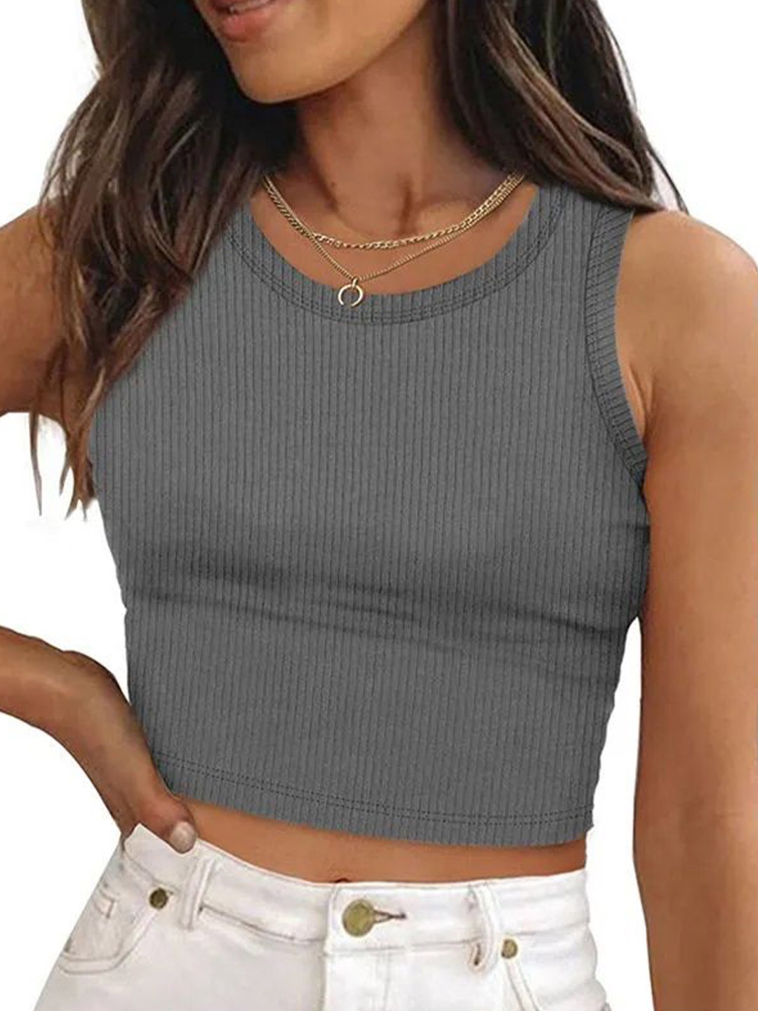 

TOOCHKI Women Round Neck Sleeveless Crop Fitted Top, Grey