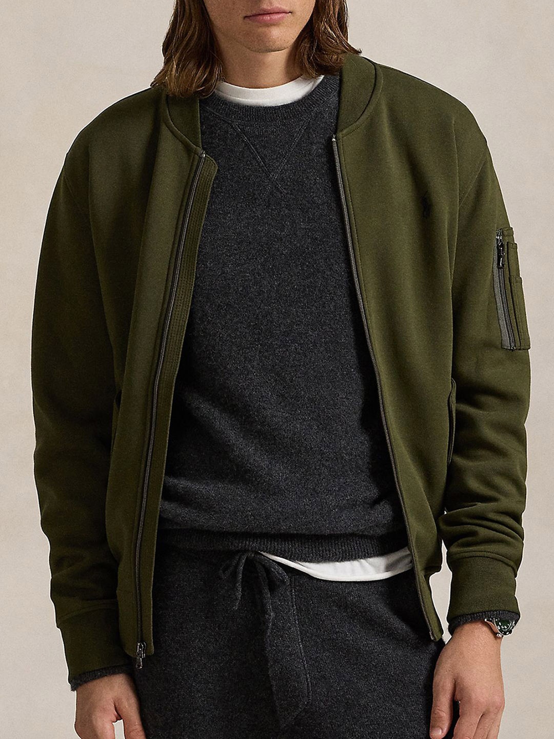 

Polo Ralph Lauren Men Spread Collar Solid Cotton Casual Bomber Jacket, Olive