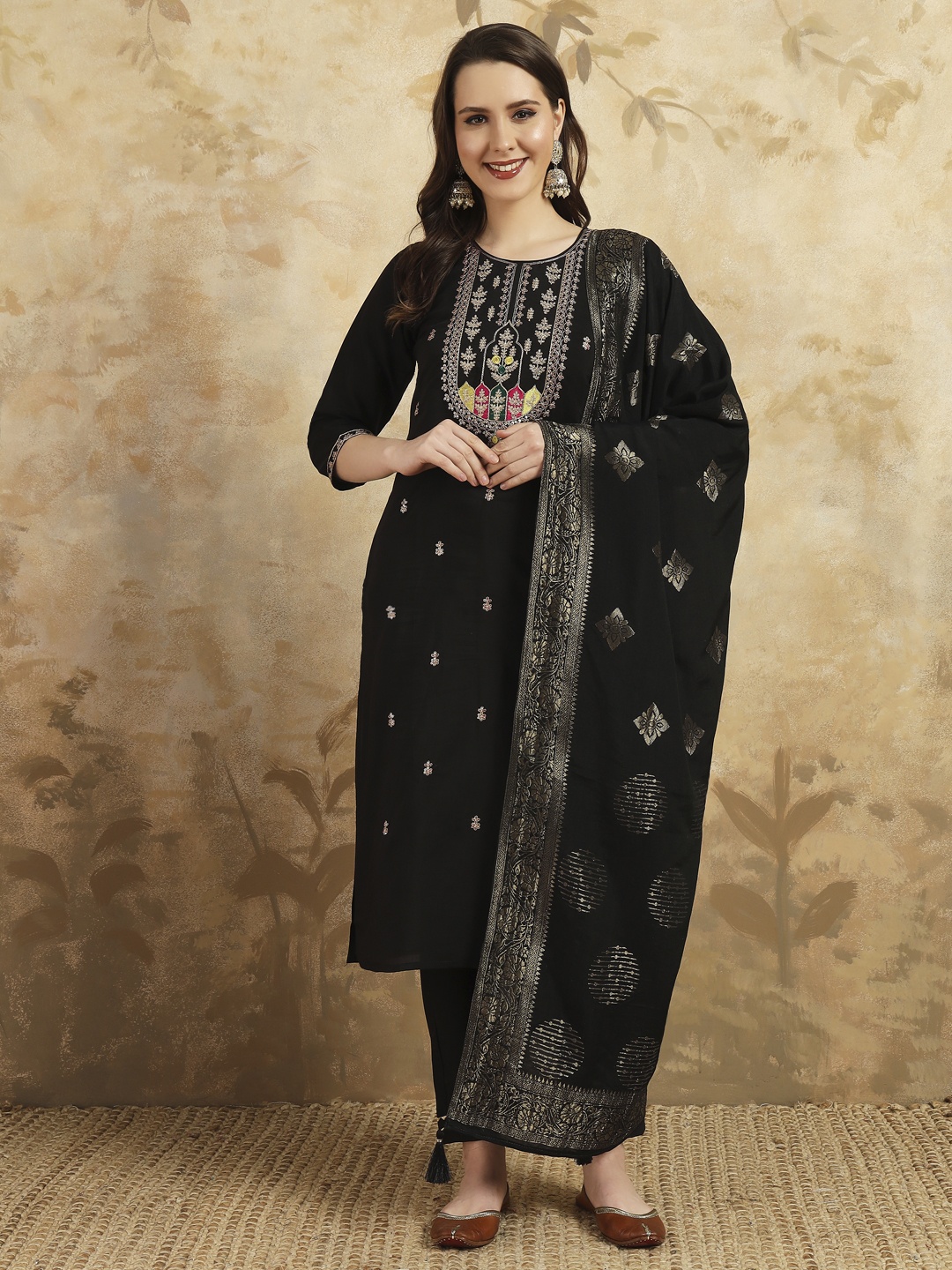 

ZIBLON Women Ethnic Motifs Embroidered Regular Chanderi Cotton Kurti with Trousers & With Dupatta, Black