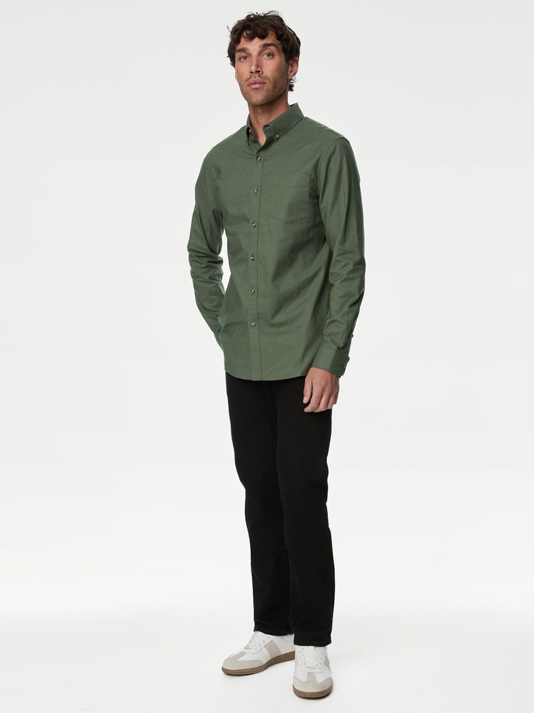 

Marks & Spencer Men Button-Down Collar Solid Cotton Casual Shirt, Olive