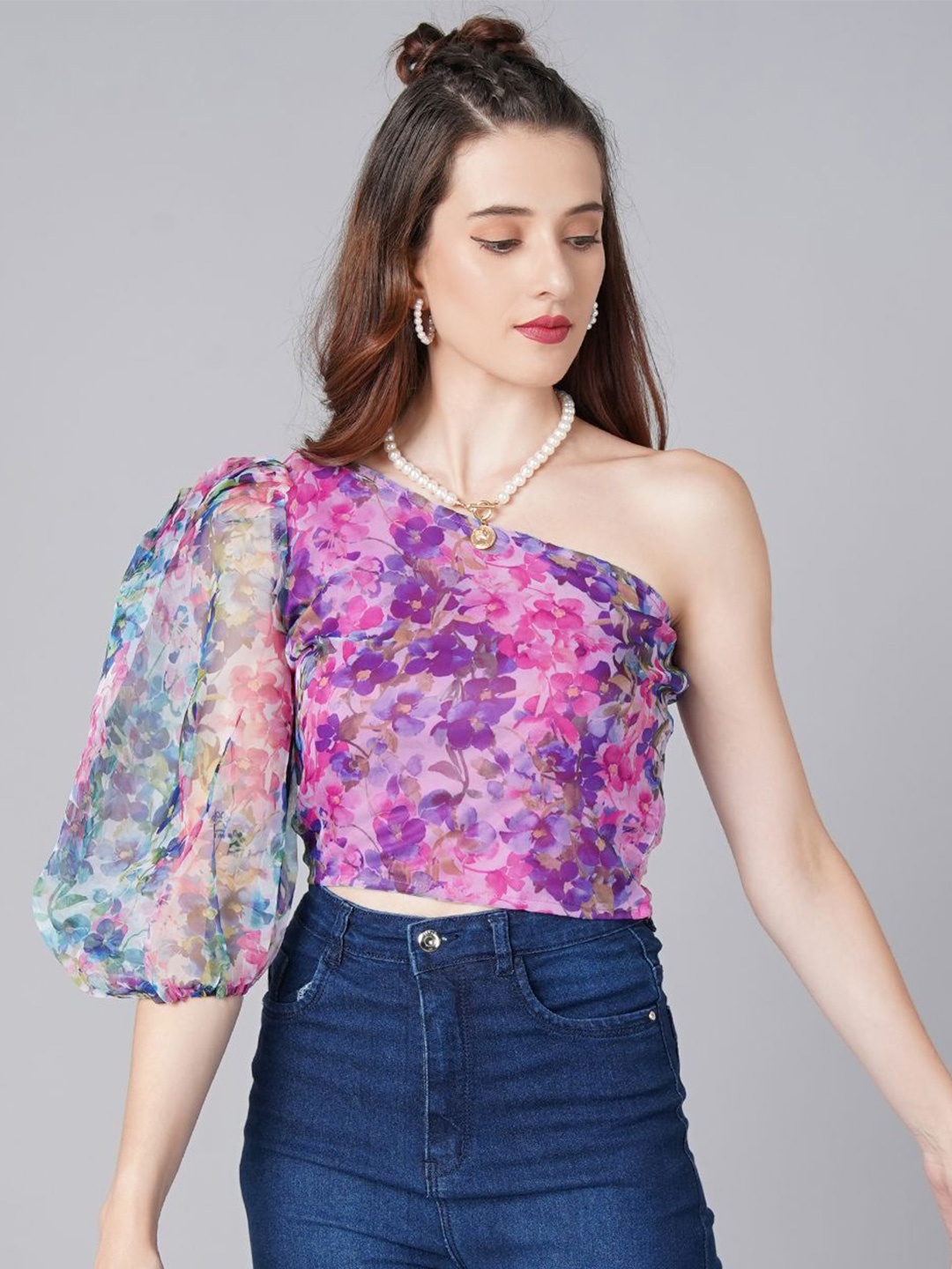 

Moda Rapido Women Floral Printed One Shoulder Top, Purple