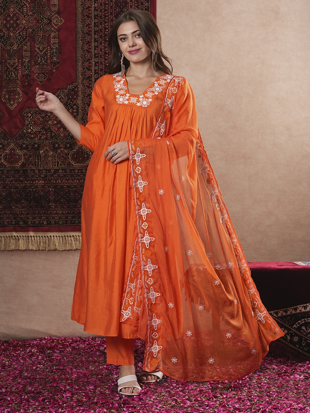 

DIVASTRI Floral Embroidered Thread Work A-Line Kurta With Trouser And Dupatta, Orange