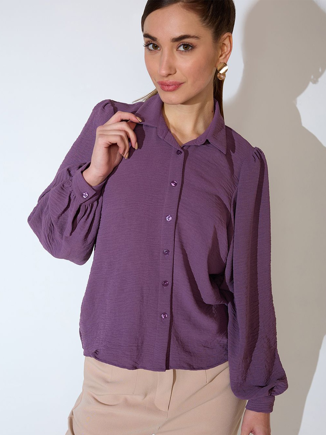 

Globus Women Lavender Self Design Collared Neck Balloon Sleeves Shirt Style Workwear Top