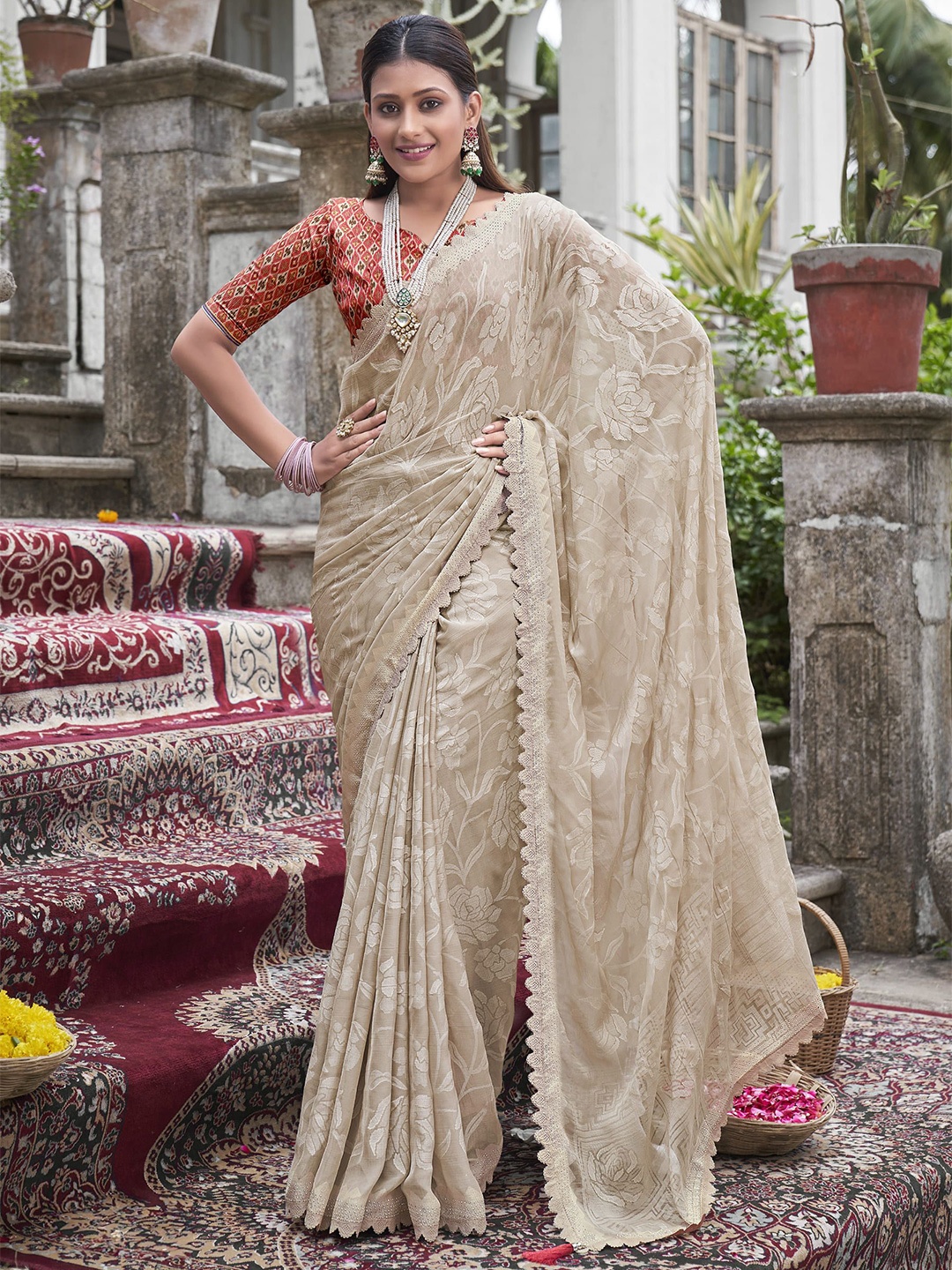 

VIRENDRA TEXTILES Woven Design Beads and Stones Pure Georgette Saree, Beige