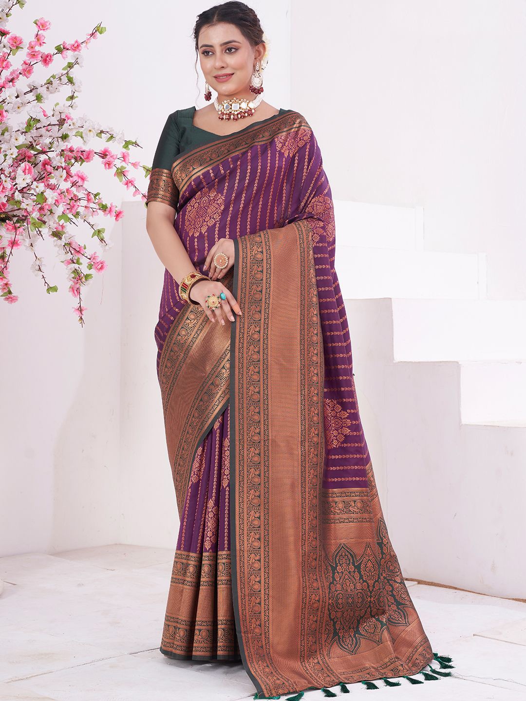 

LeeliPeeri Designer Ethnic Motifs Woven Design Zari Kanjeevaram Saree, Purple