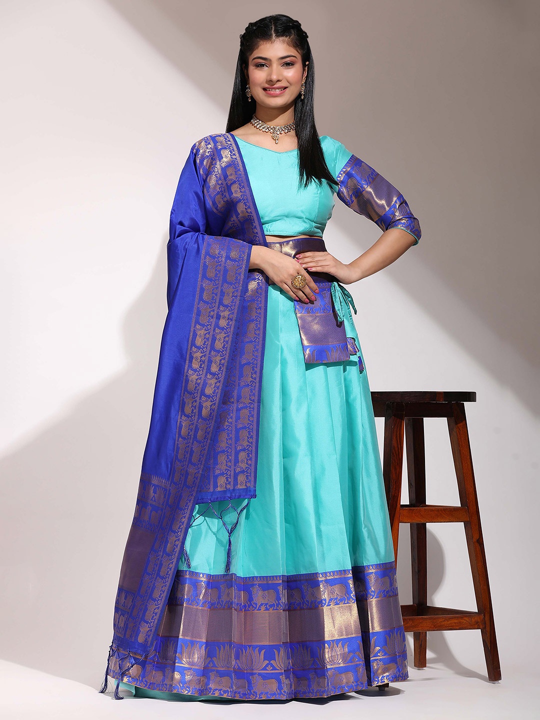 

Fabcartz Semi-Stitched Lehenga & Unstitched Blouse With Dupatta, Sea green