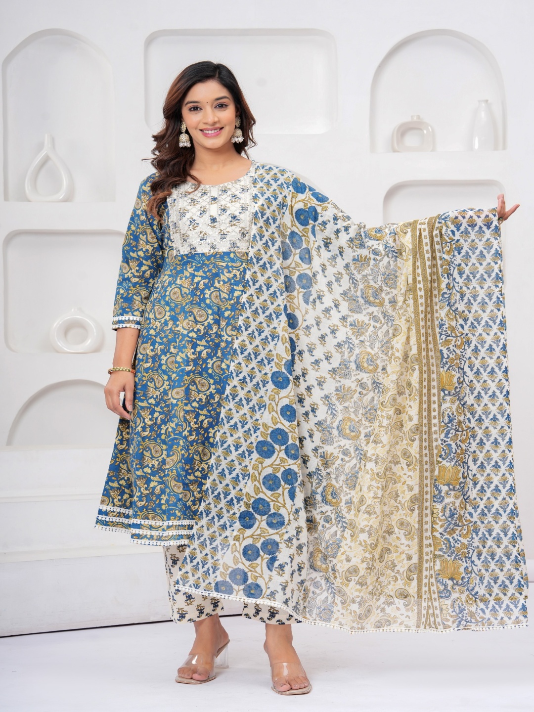 

kipek Floral Printed Pure Cotton Anarkali Kurta With Trousers And Dupatta, Blue