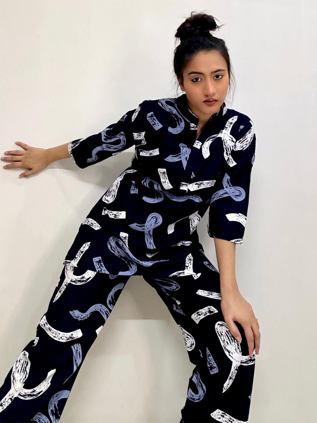 

SWEET MOON Printed Mandarin Collar Top & Trousers Co-Ords Set, Navy blue