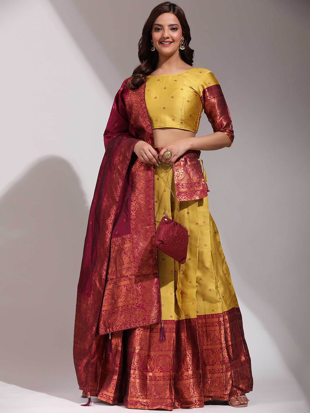 

DIVASTRI Floral Woven Design Zari Unstitched Blouse And Lehenga With Dupatta, Yellow