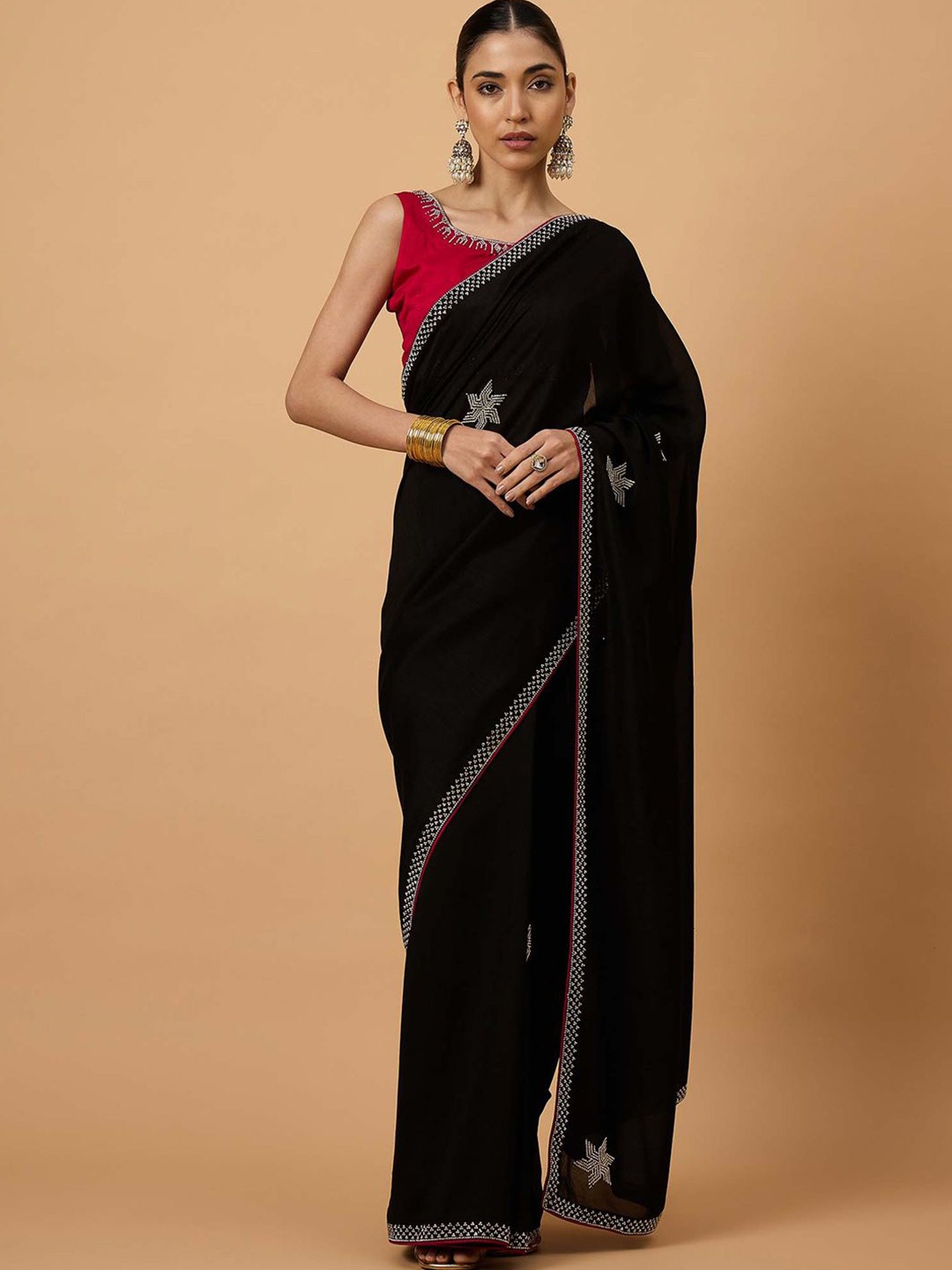 

all about you Embellished Beads and Stones Silk Blend Saree, Black