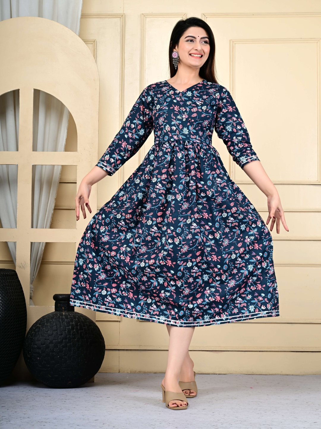 

Manvik fashion Floral Printed V-Neck Empire Pure Cotton Maxi Dreeses, Blue