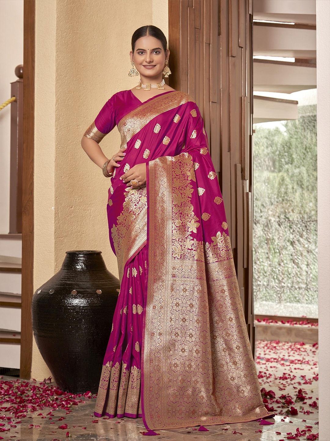 

SAREETHNIC Woven Design Zari Pure Silk Banarasi Saree With Blouse Piece, Rose