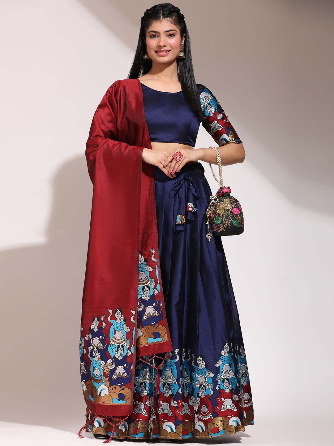 

DIVASTRI Printed Semi-Stitched Lehenga & Unstitched Blouse With Dupatta, Navy blue