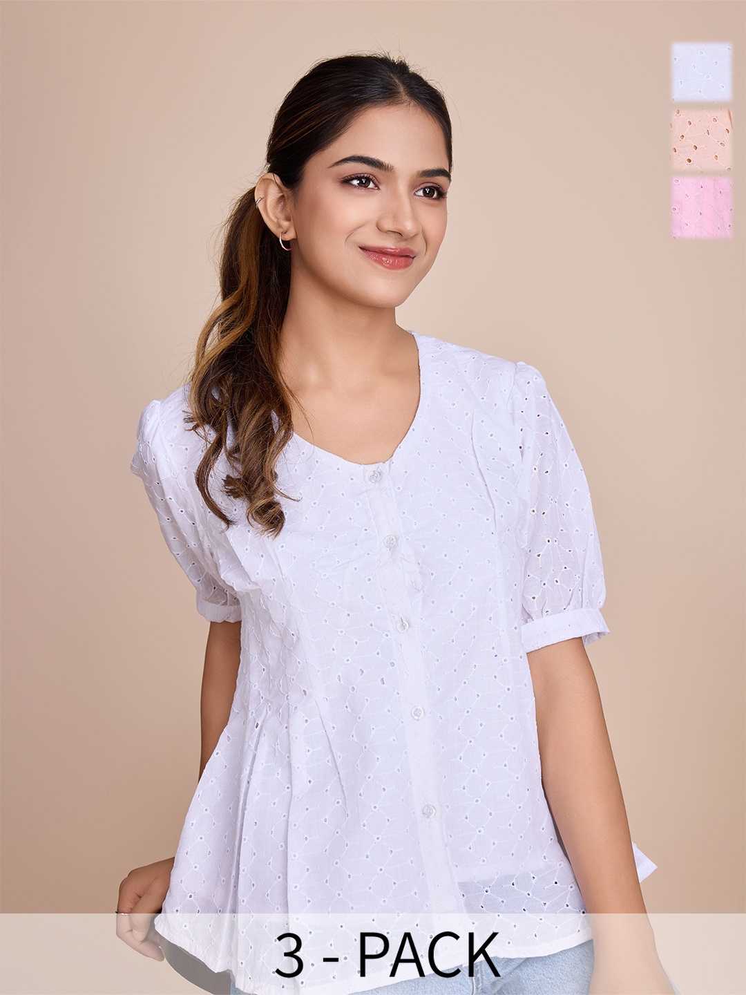 

HOUSE OF MIRA Pack Of 3 Cotton Round Neck Top, White