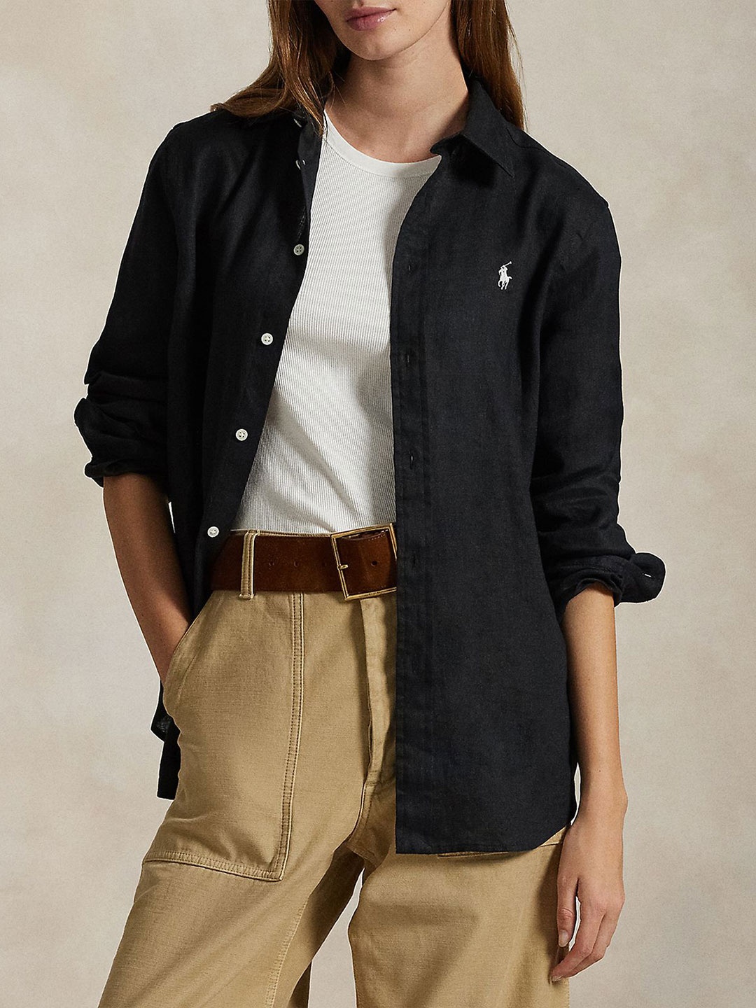 

Polo Ralph Lauren Women Spread Collar Solid Linen Casual Shirt, Black