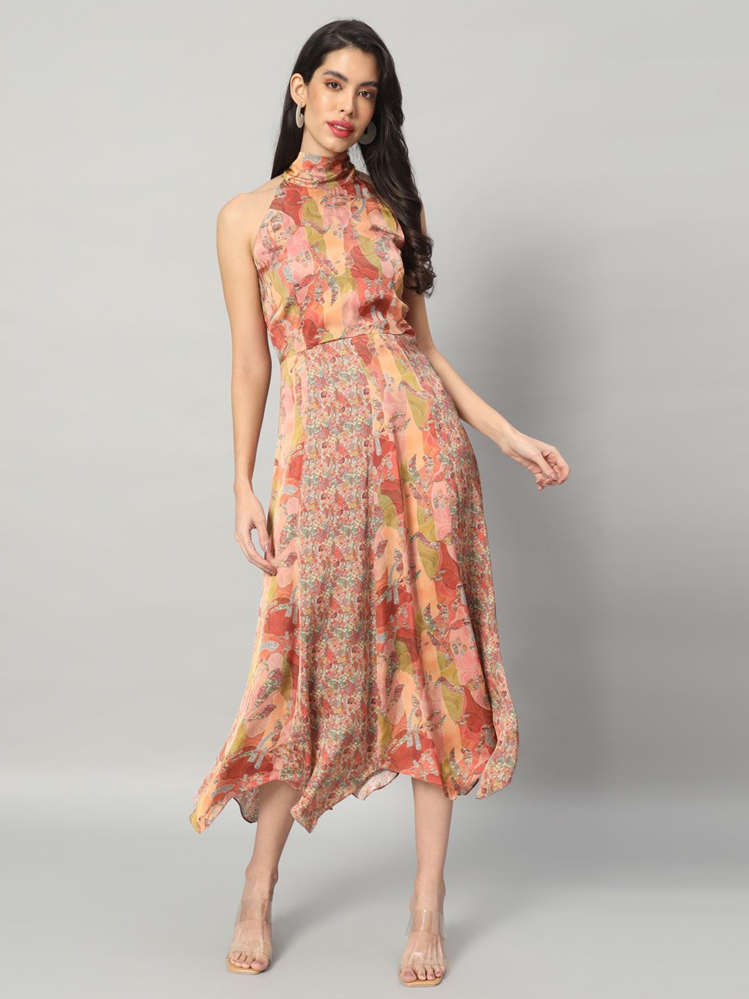 

BRIJAL LAD Women Printed Satin Fit and Flare Midi Dress, Orange