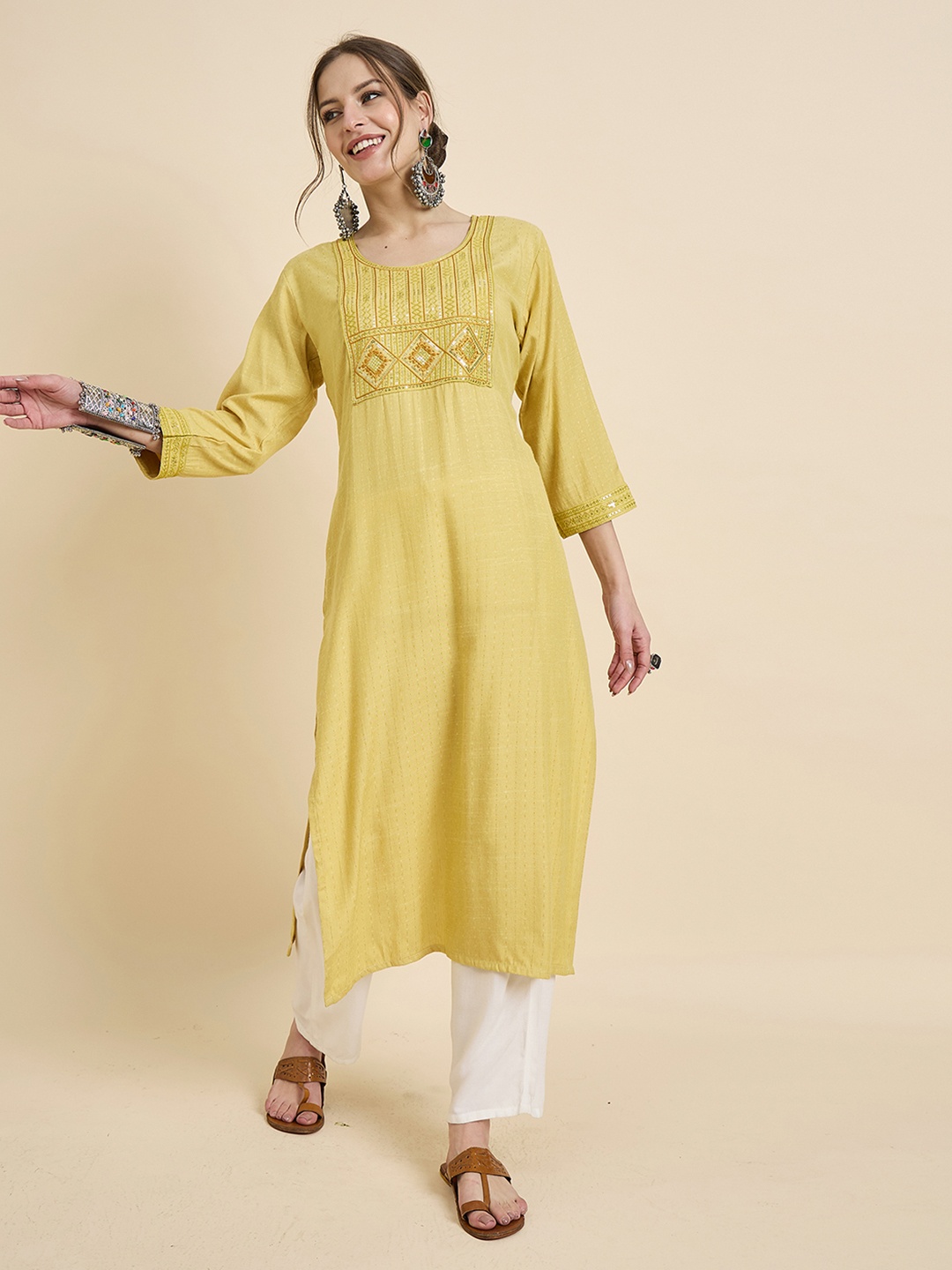 

Anouk Rustic Yellow Floral Embroidered Sequinned Straight Kurta