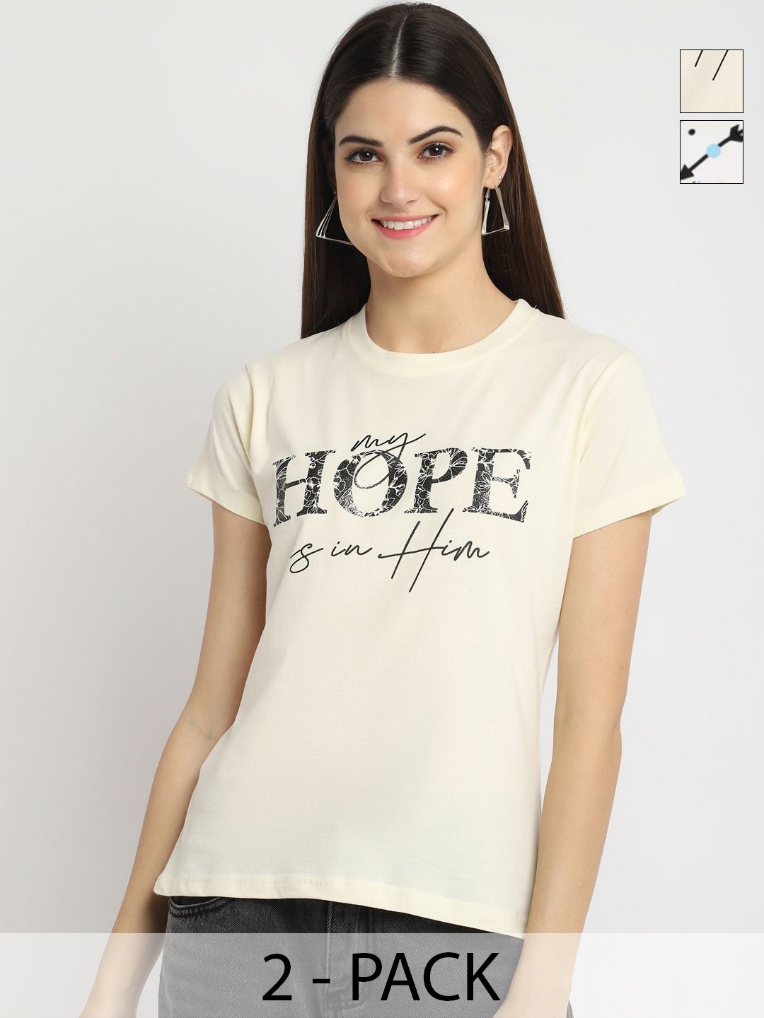 

Dreambe Women Pack Of 2 Graphic Printed Round Neck Cotton T-shirts, Cream