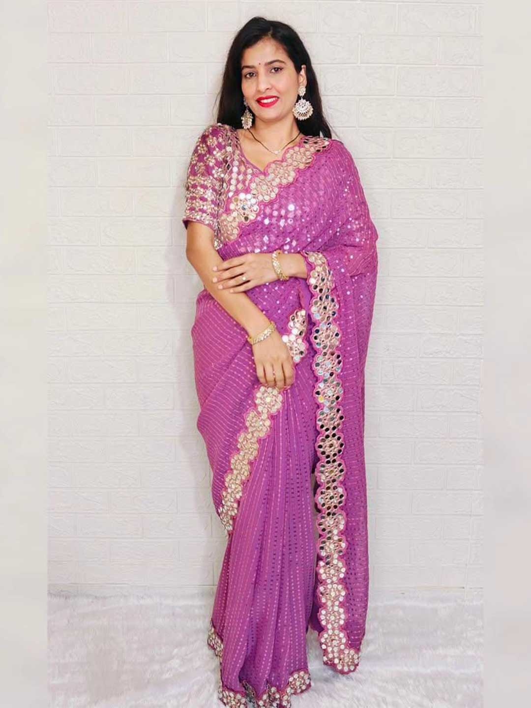 

MANSUBHA Floral Mirror Work Pure Georgette Banarasi Saree, Pink