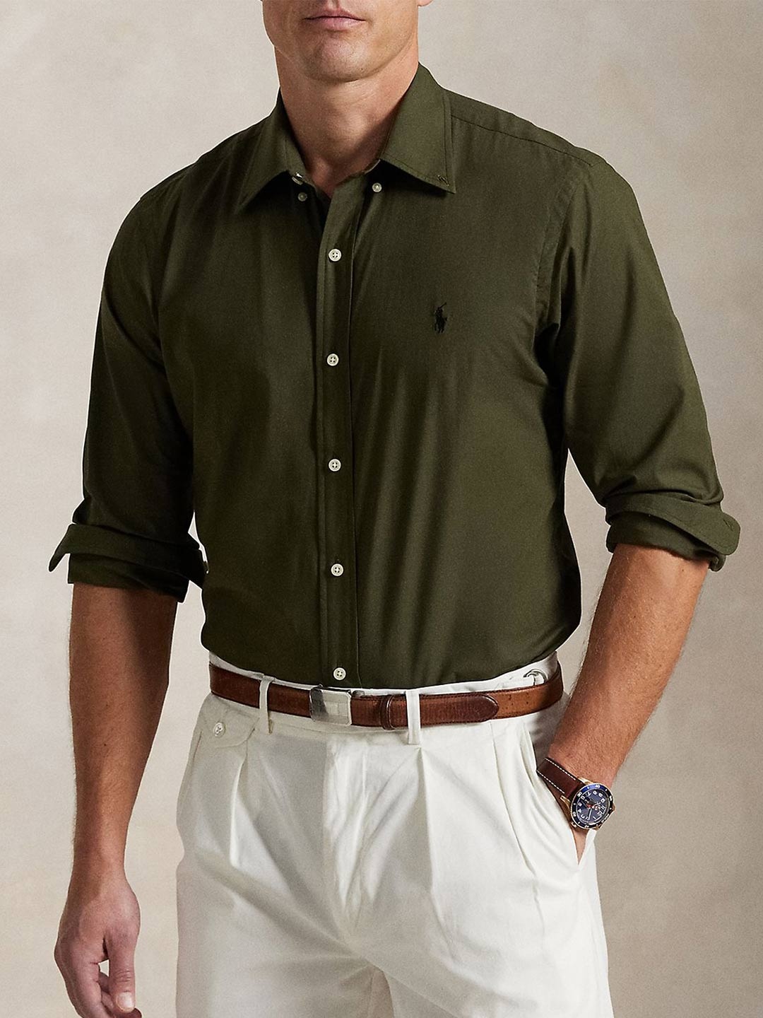 

Polo Ralph Lauren Men Button-Down Collar Solid Cotton Formal Shirt, Green