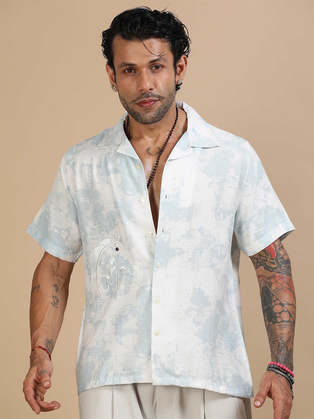 

Italian Colony Men Standard Fit Spread Collar Abstract Printed Casual Shirt, Blue