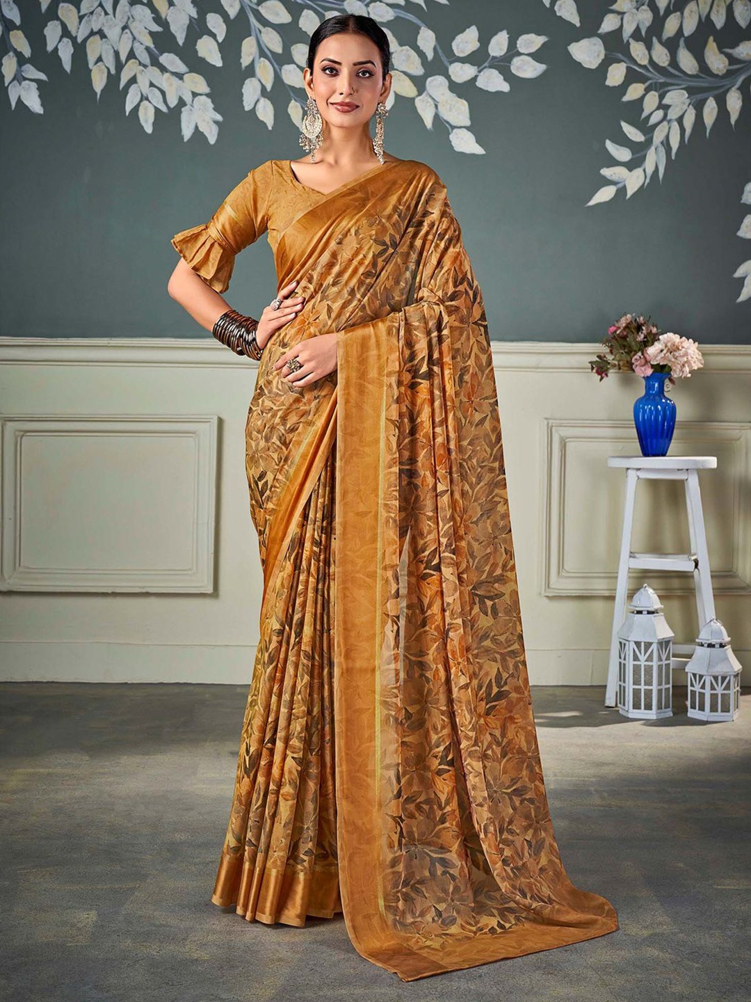 

Mitera Floral Printed Pure Chiffon Saree, Camel brown