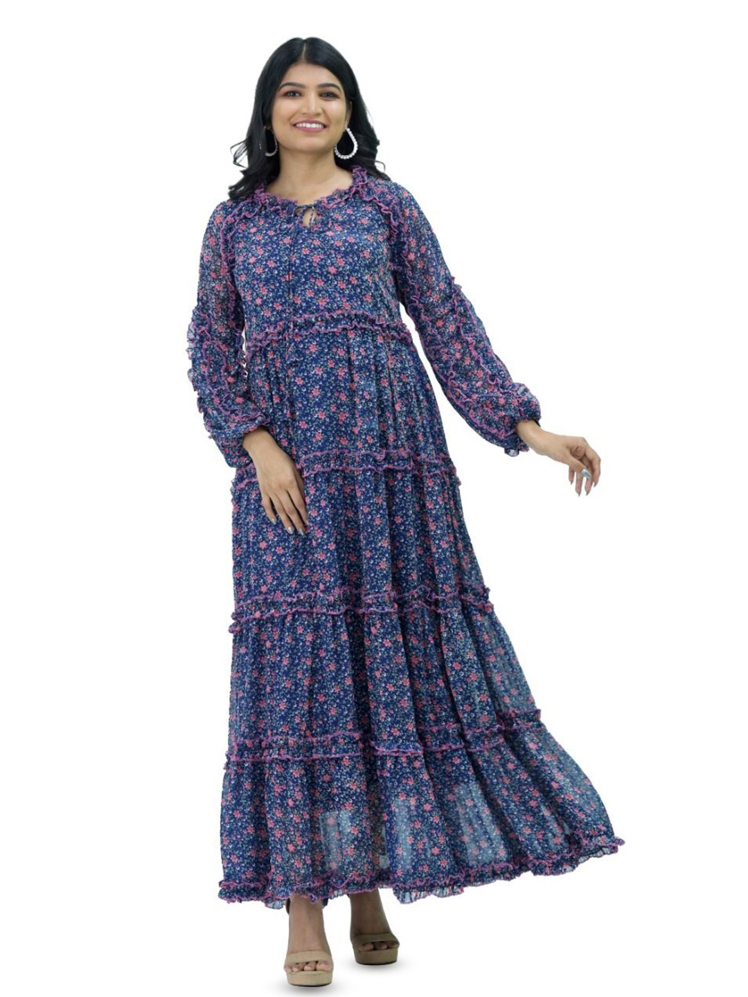 

Silselah Women Floral Printed Keyhole Neck Fit & Flare Maxi Ethnic Dress, Navy blue