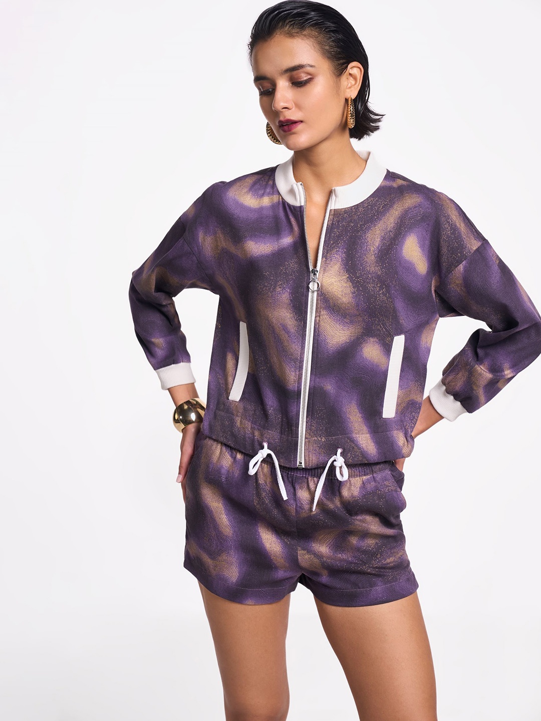 

Terra Luna OCTAN Abstract Printed Mandarin Collar Pure Cotton Sweatshirt With Shorts, Purple