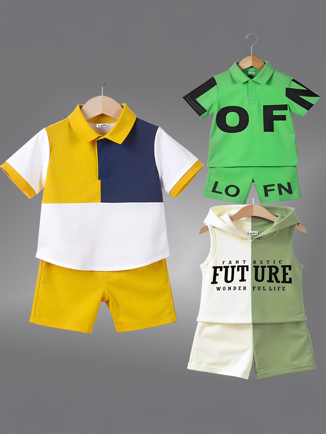 

Lofn Kids Pack Of 3 Printed Pure Cotton T-Shirts With Shorts, Green
