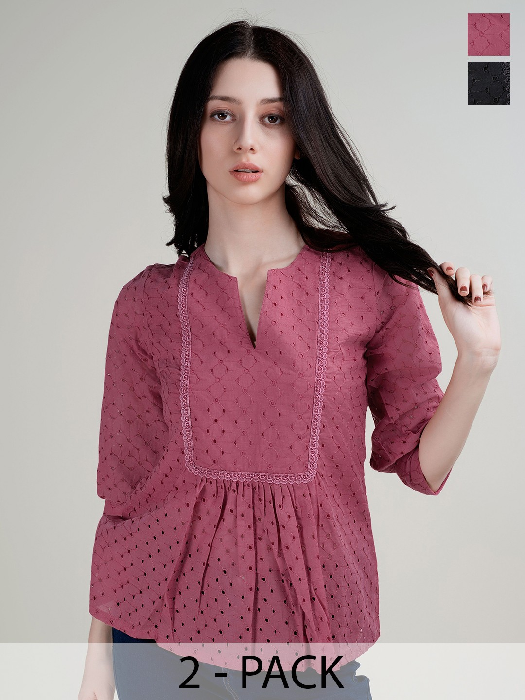 

HOUSE OF MIRA Pack Of 2 Schiffli Cotton A-Line Top, Pink