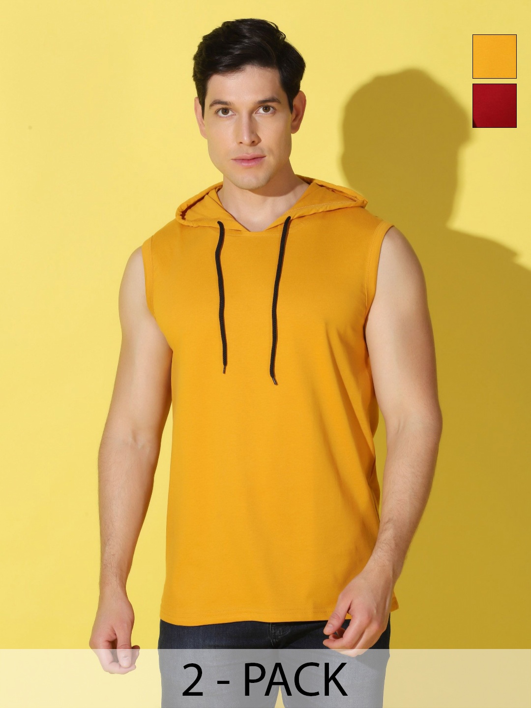 

WOOSTRO Men Pack Of 2 Solid Hooded Cotton T-shirts, Mustard