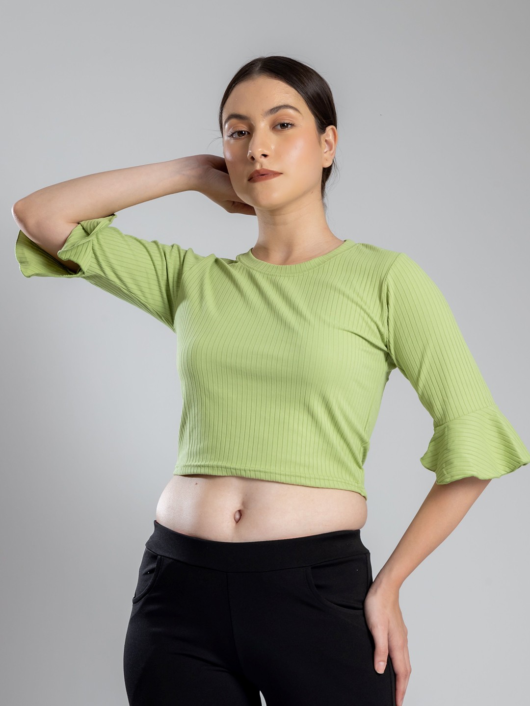 

PYR8 Women Ribbed Ribbed Round Neck Top, Green