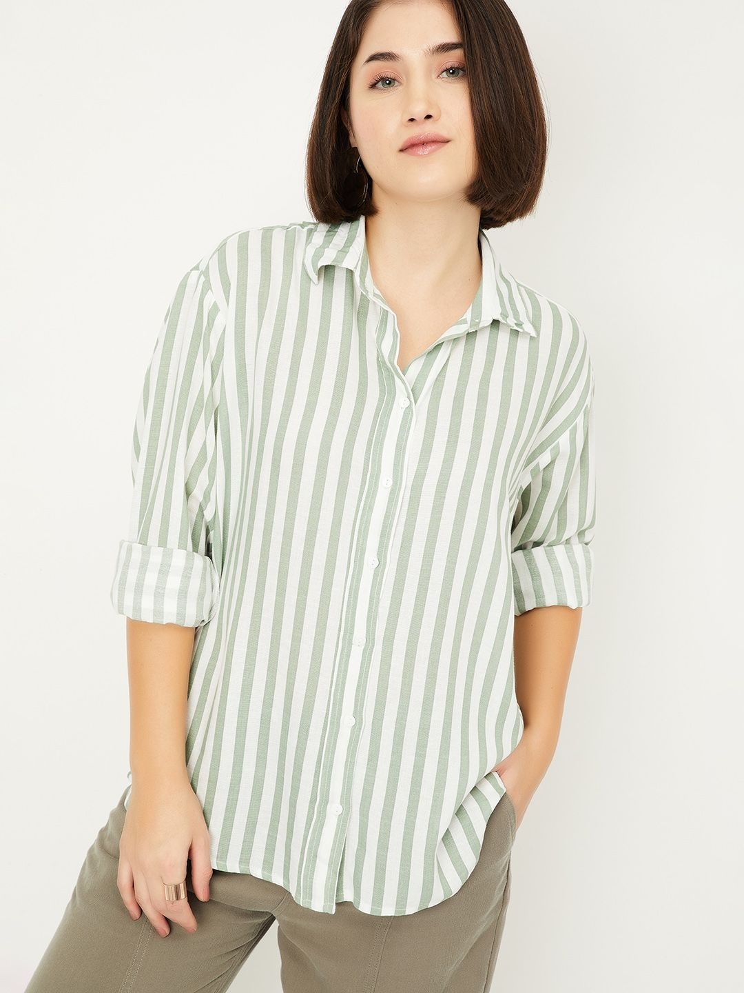 

max Women Spread Collar Vertical Striped Casual Shirt, Green