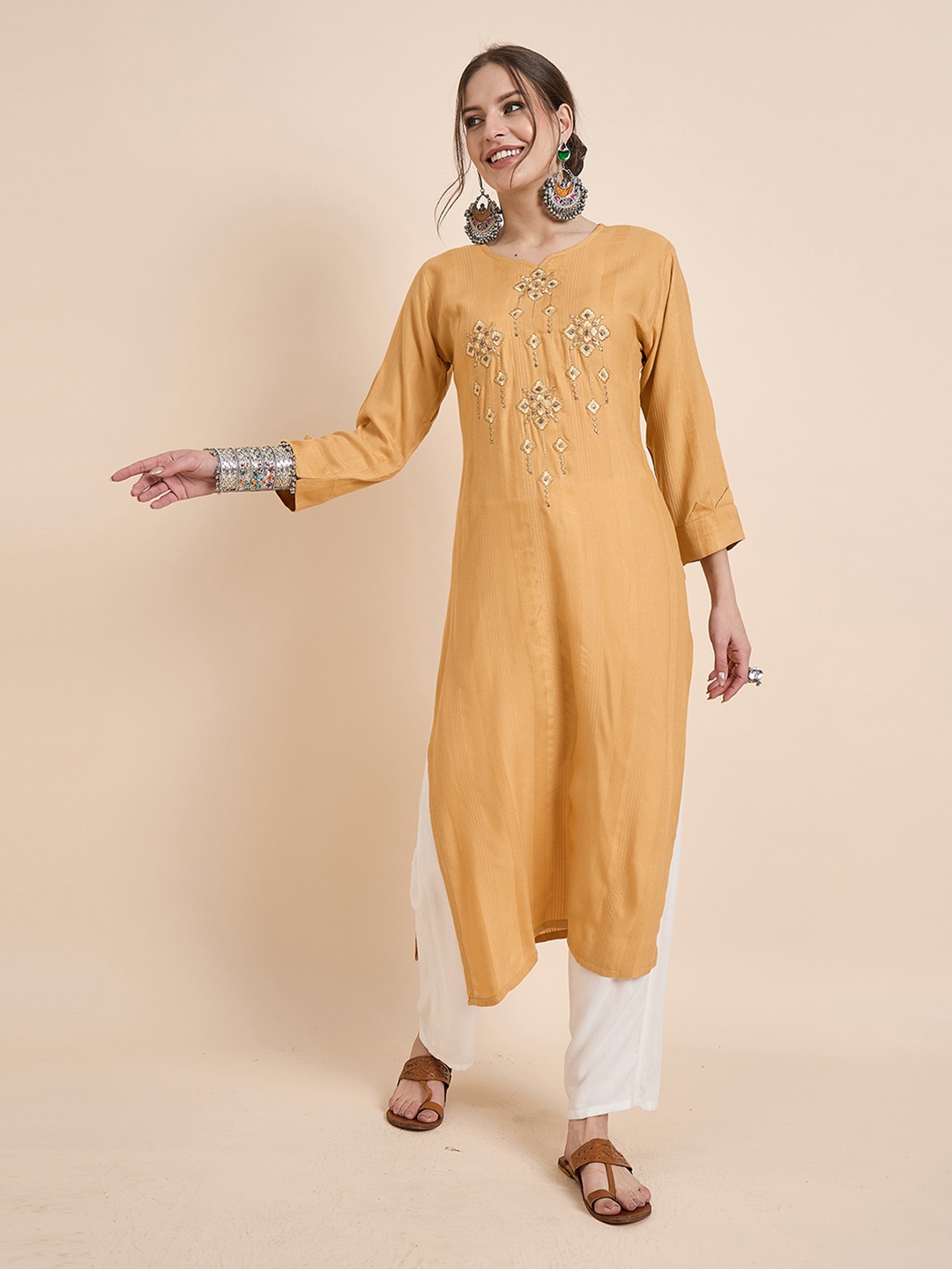 

Anouk Rustic Ethnic Motifs Embroidered Notch Neck Straight Kurta, Mustard