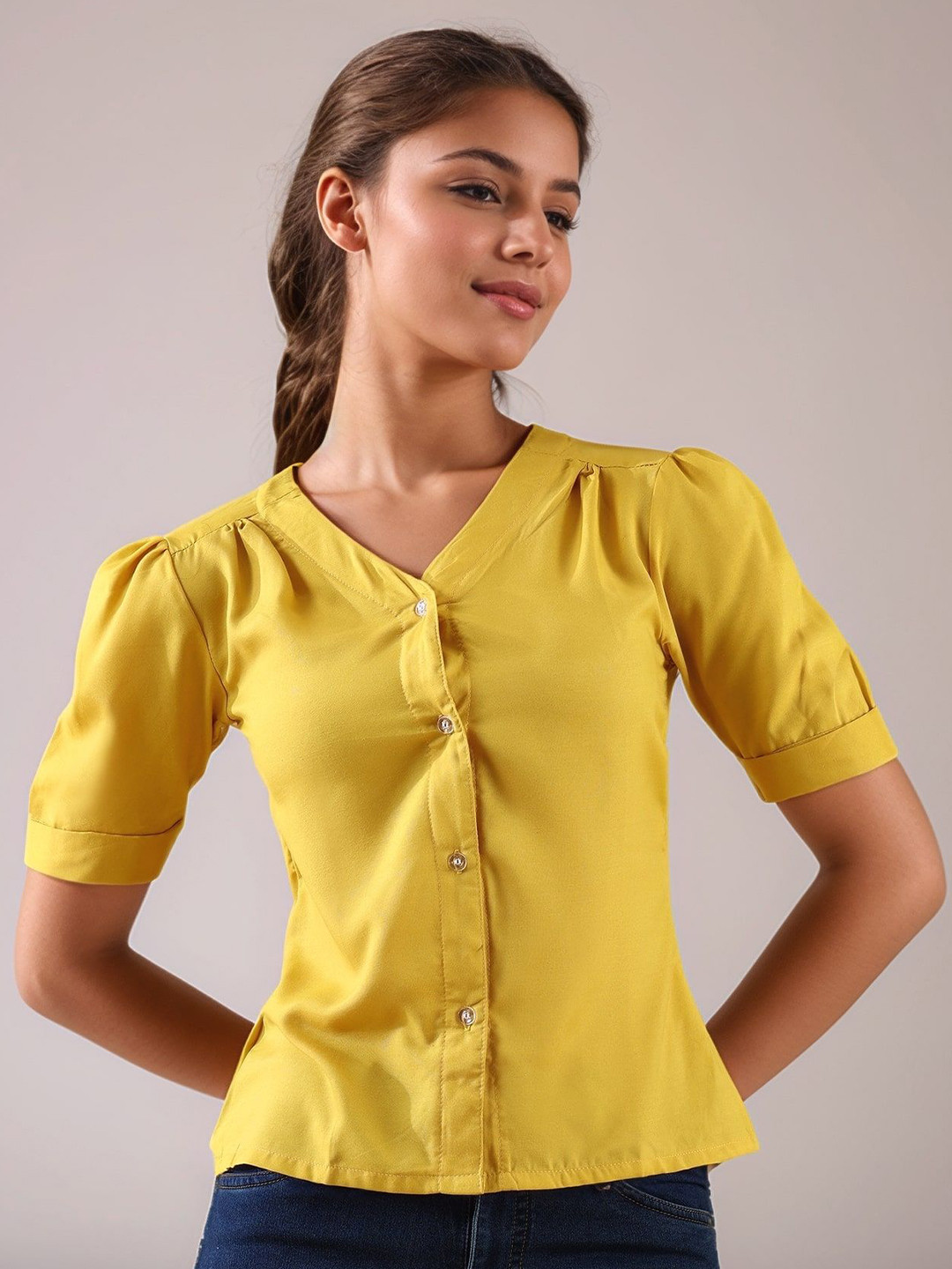 

DressBerry Puff Sleeve Shirt Style Crop Top, Yellow