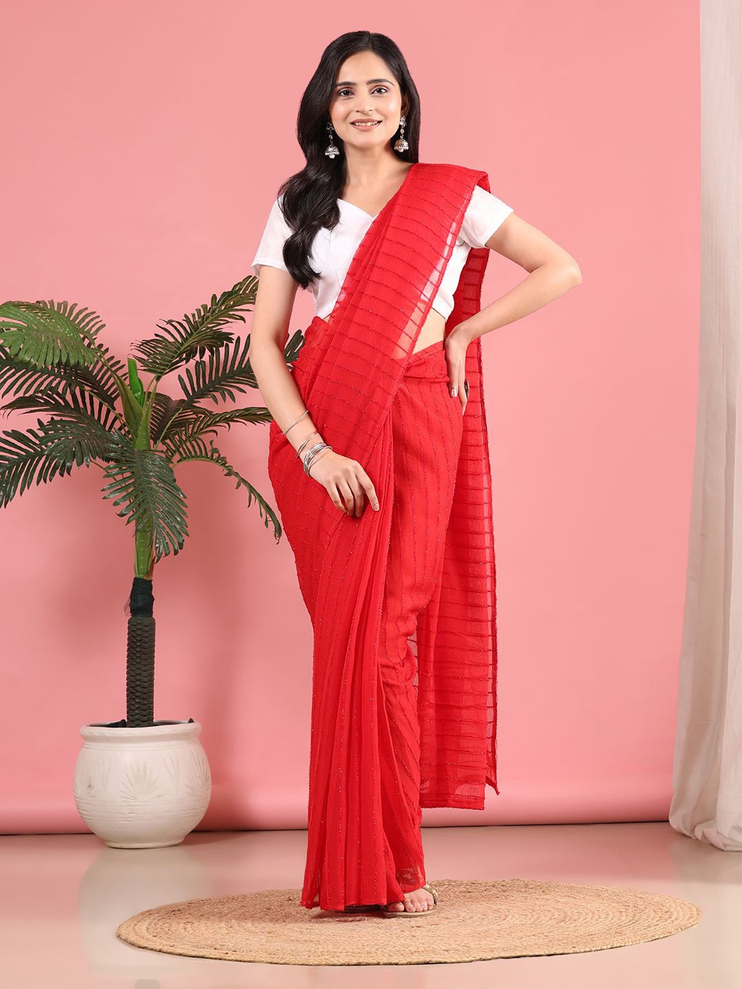 

Pionex Striped Ready to Wear Saree, Red