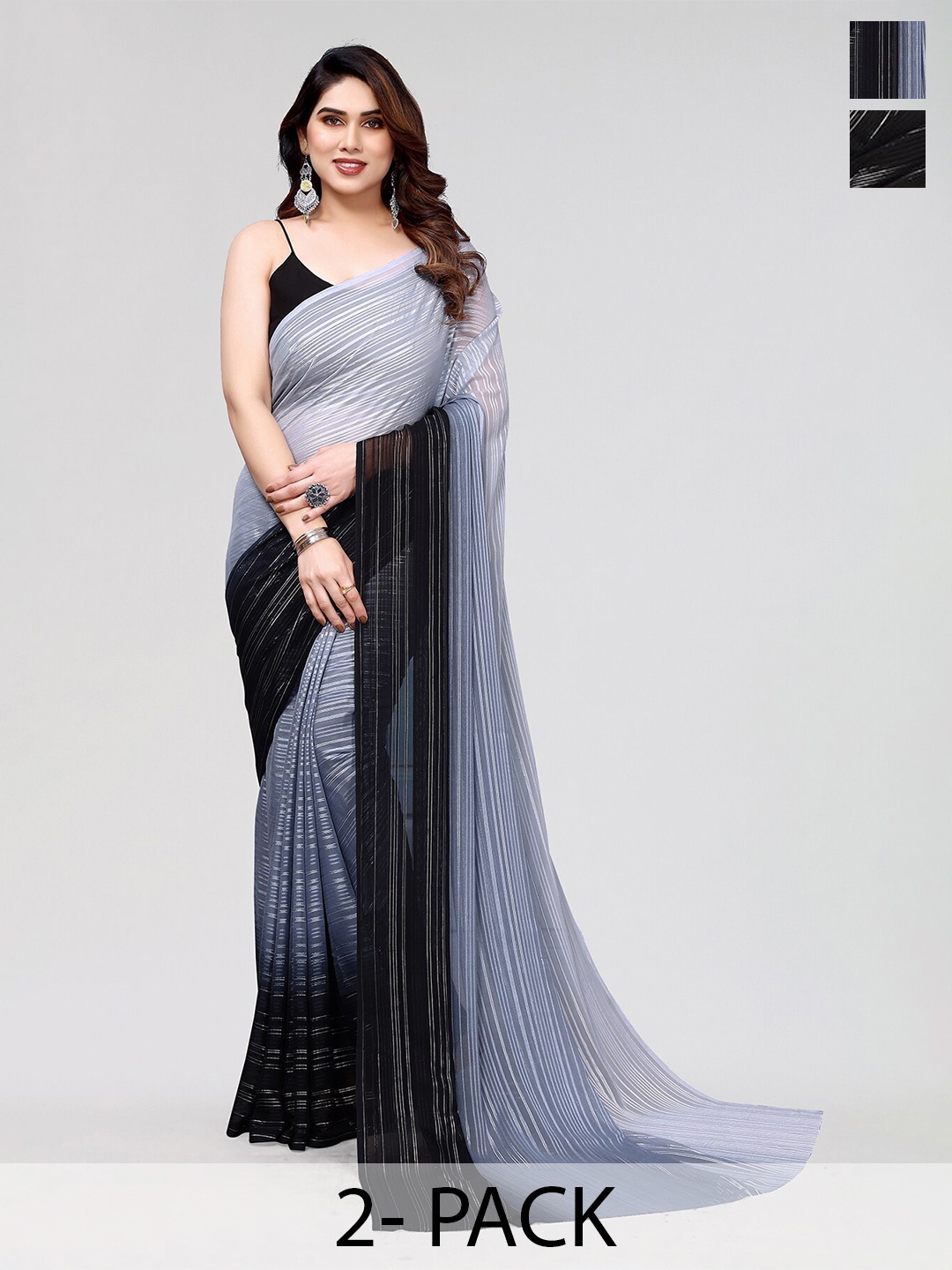 

Moda Rapido Set of 2 Ombre Striped Satin Sarees, Grey