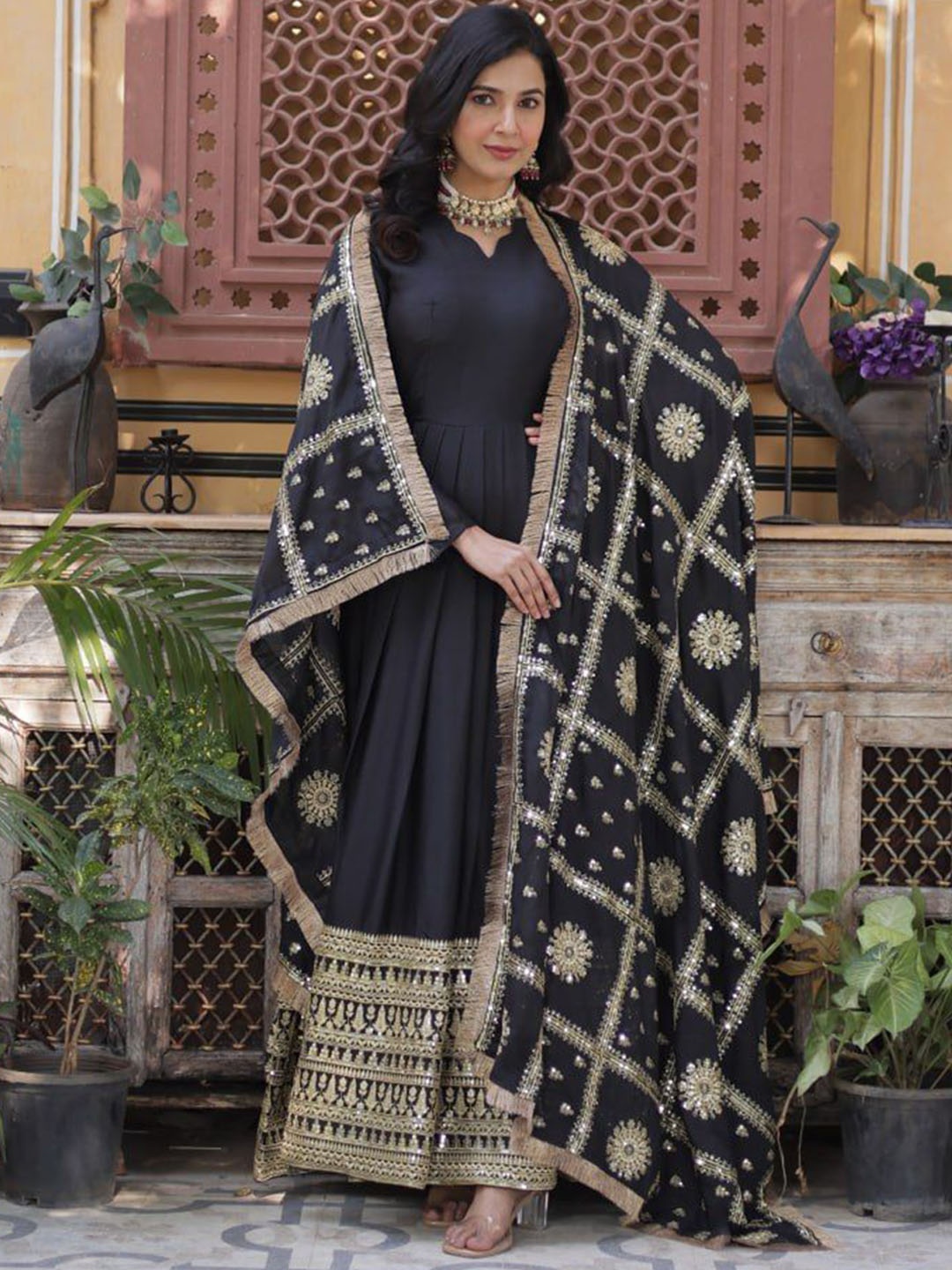 

JATRIQQ Embroidered Georgette Gown With Dupatta, Black