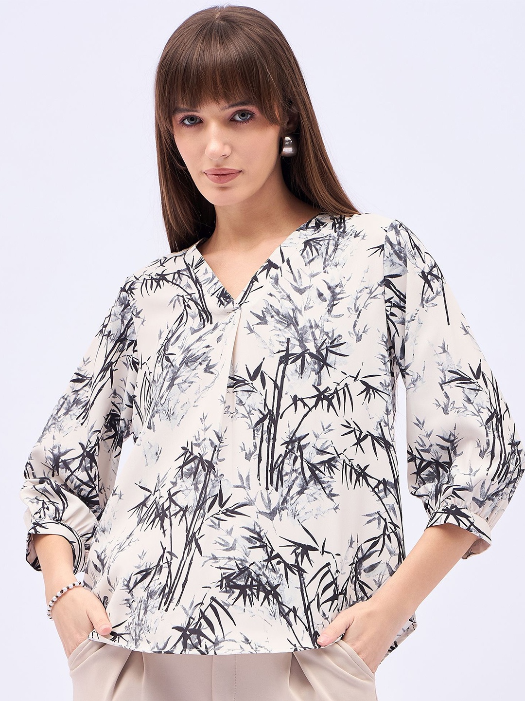 

DressBerry Women Tropical Printed V-Neck Satin Top, White