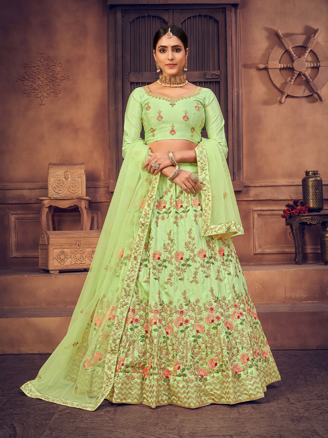 

KALINI Embroidered Thread Work Semi-Stitched Lehenga & Unstitched Blouse With Dupatta, Green