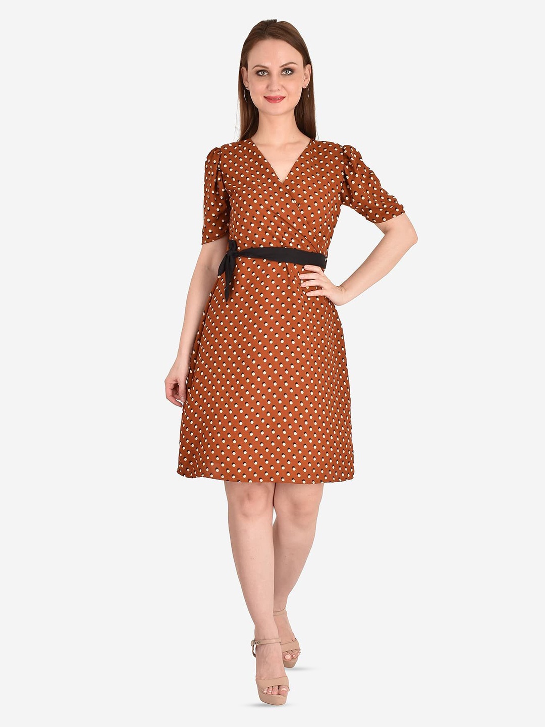 

MISS HAUTE Polka Dot Print Crepe Fit & Flare Dress, Brown