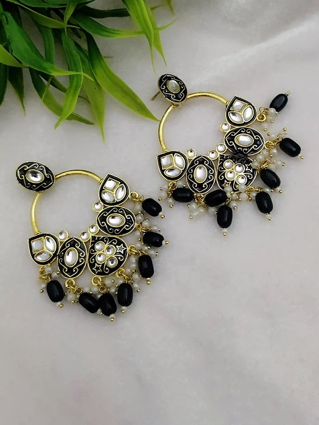 

MADDY SPACE Gold-Plated Artificial Stones Studded And Beaded Drop Earrings, Black
