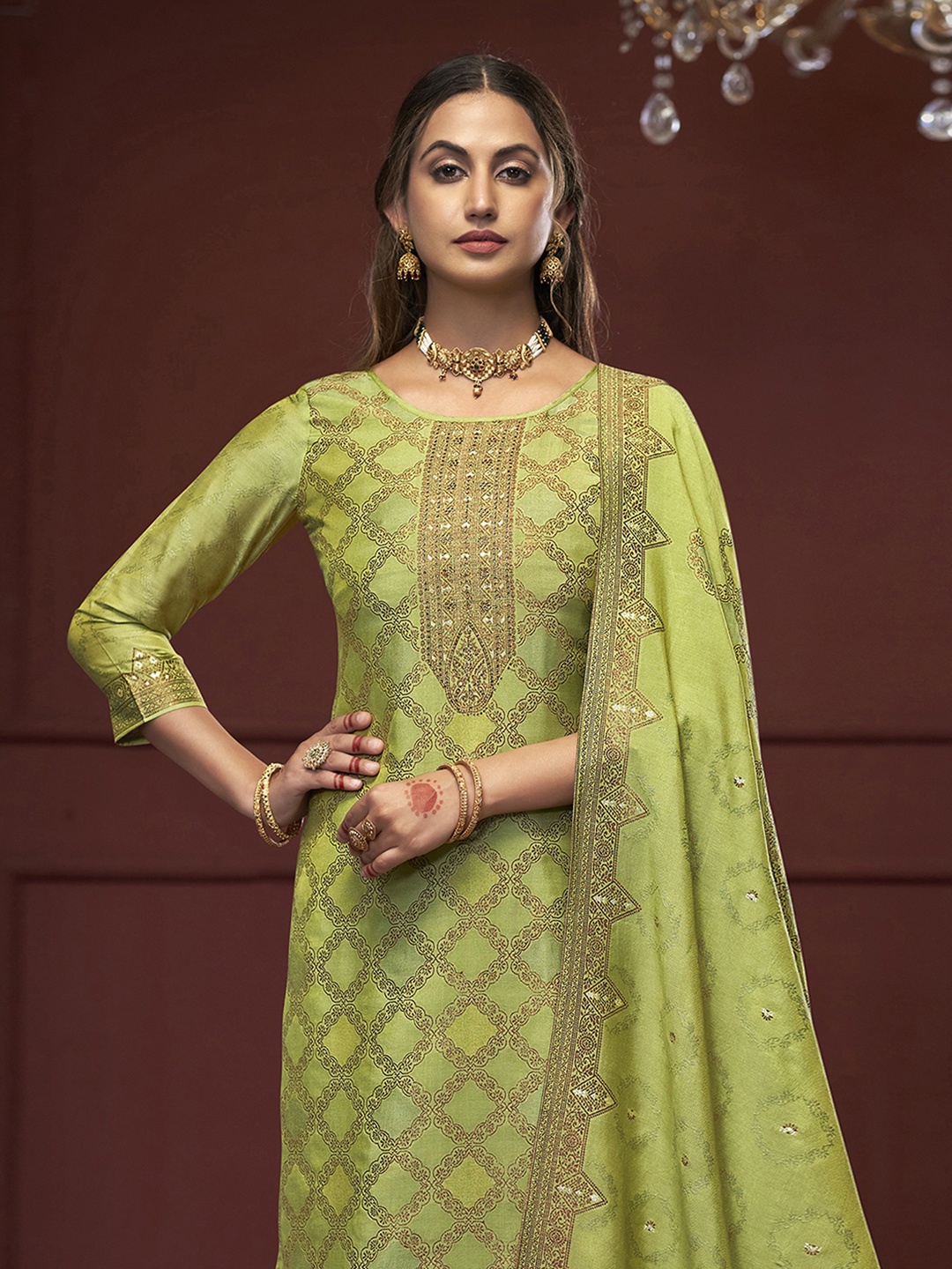 

Anouk Green Floral Woven Design Unstitched Dress Material