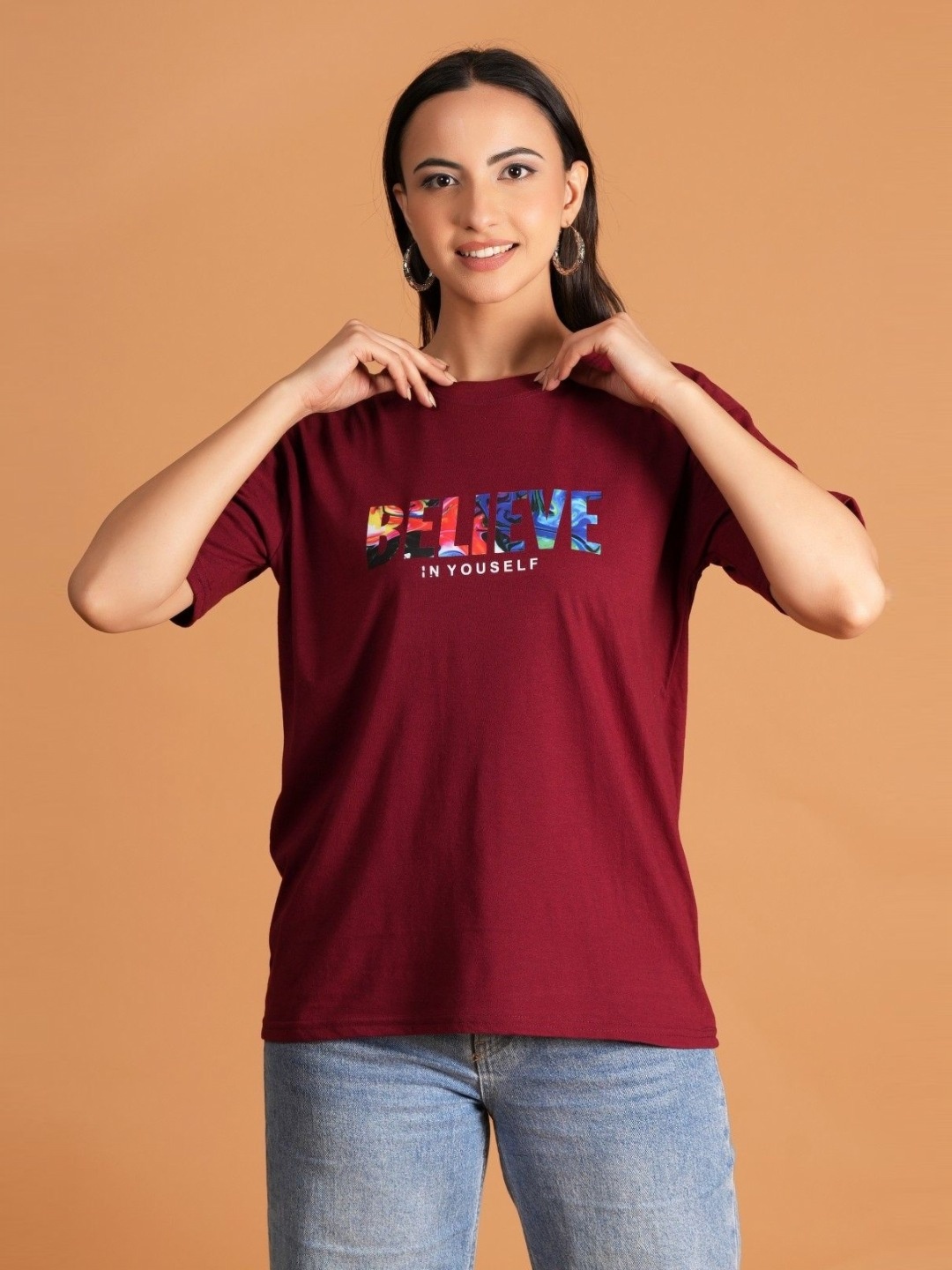 

BAESD Women Typography Printed Round Neck Cotton Relaxed Fit T-shirt, Maroon