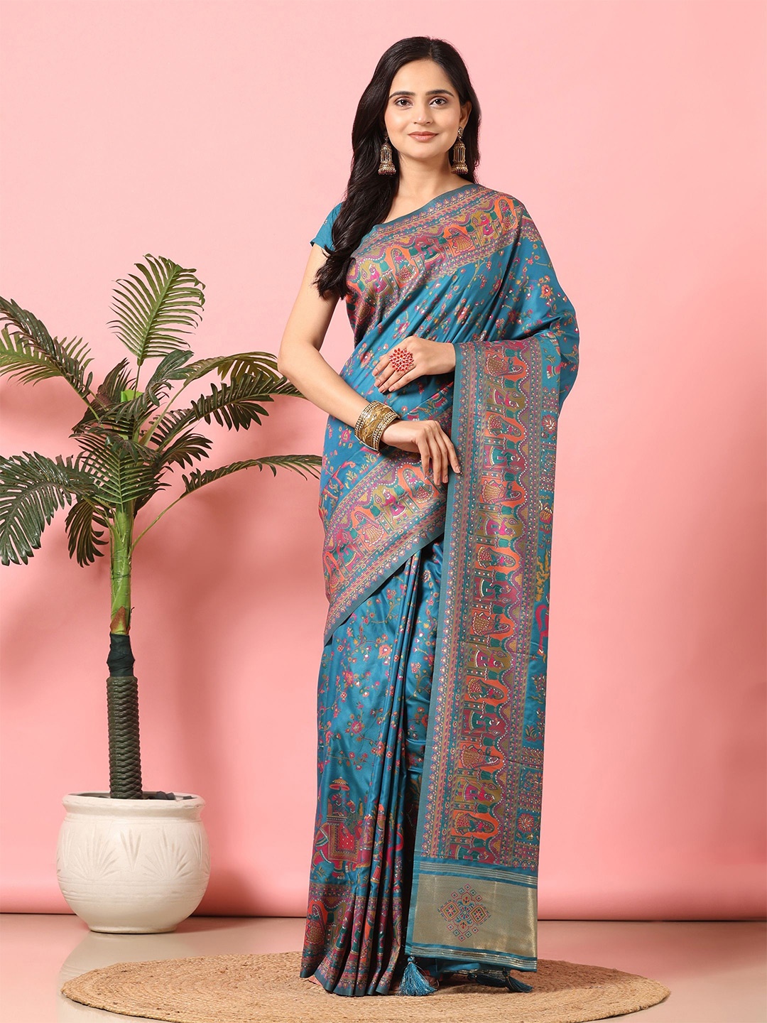 

Pionex Floral Woven Design Pashmina Banarasi Saree, Teal