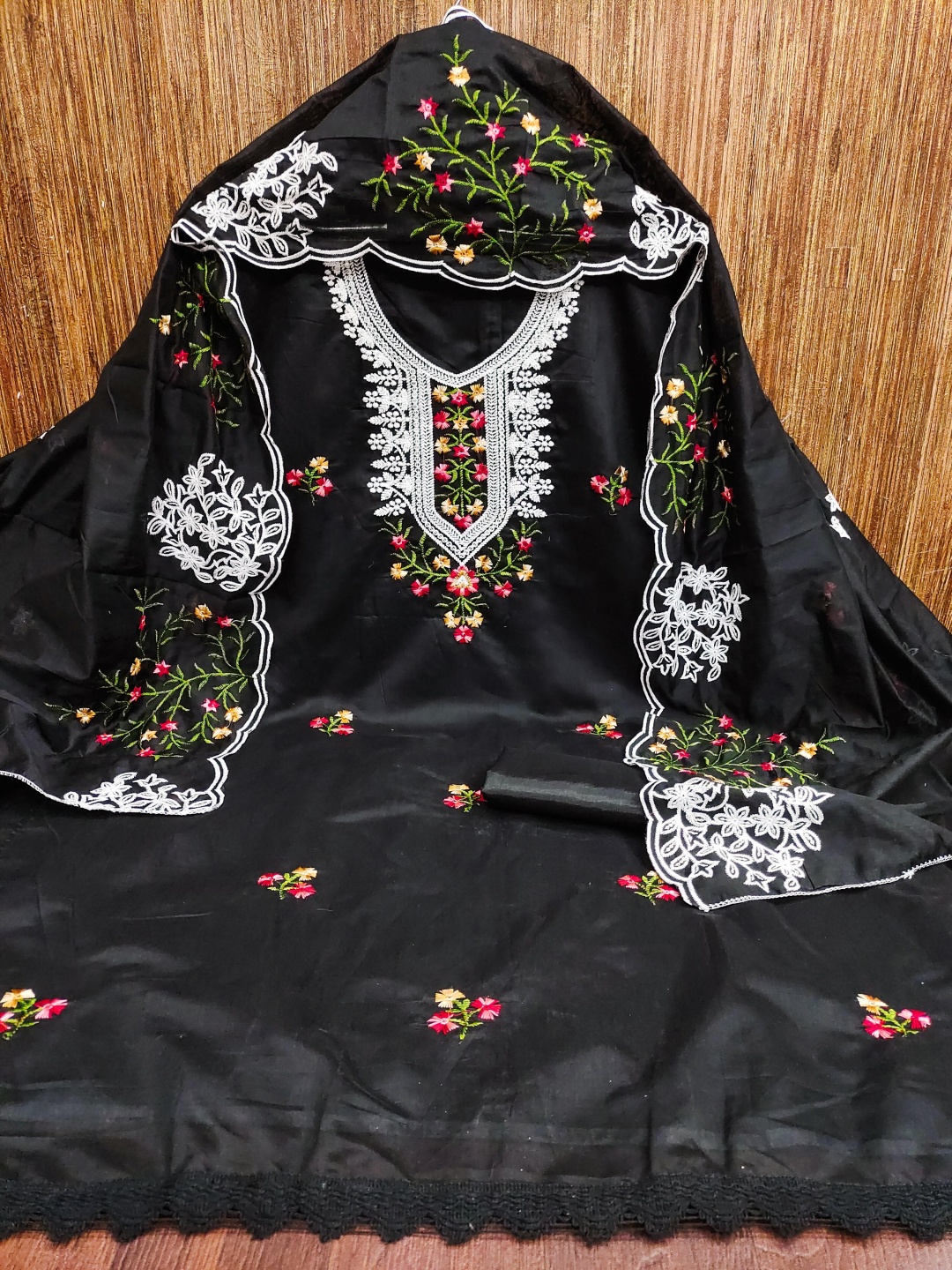 

BlissFlair Floral Embroidered Pure Cotton Unstitched Dress Material, Black