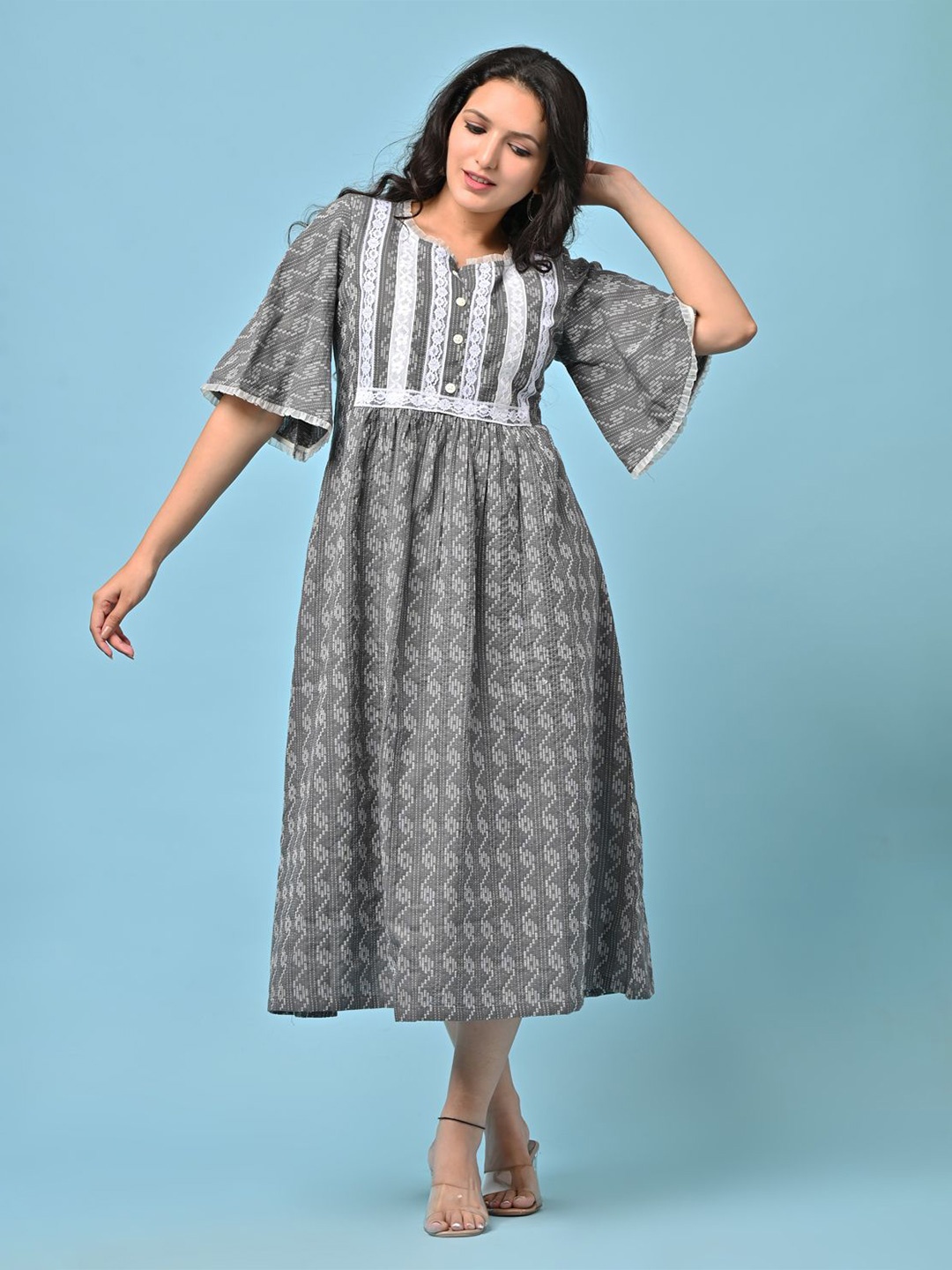 

Anootha Women's Geometric Self Design A Line Bell Sleeve Midi Dress, Grey
