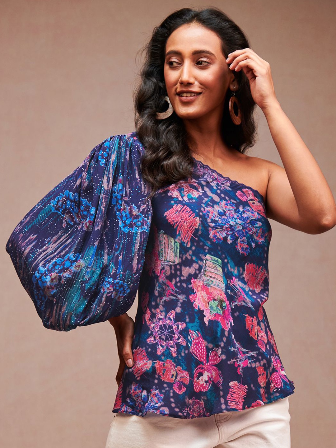 

SAUNDH Women Floral Printed One Shoulder Puff Sleeves Cotton Top, Blue